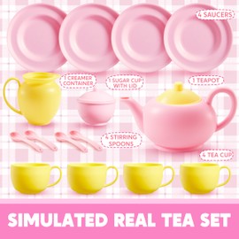 JOYIN 18PCS Pretend Play Tea Party Set, Pink Plastic Tea Set, Mini Kitchen for Kids, Gifts for Toddler Boys Girls Ages 3 4 5 6 Years Old