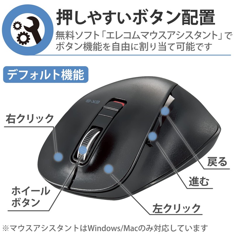 Elecom M-XGM15BBBK Wireless Mouse, Bluetooth EX-G, Grip Extreme, 5 Buttons,