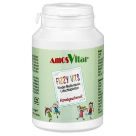 Amosvital Fizzy Vits Children's Lozenges, 50 Tablets, Cherry Flavour, Calcium, Vitamin C, Vitamin B1, B2, B3, B5, B6, B7, B9 and Vitamin B12, Vegan, Lactose Free, Gluten-Free