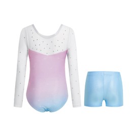 JiAmy Gymnastics Leotards for Girls with Shorts Set, Long Sleeve Kids Gymnastics Athletic Outfit for Kids 3-12 Years