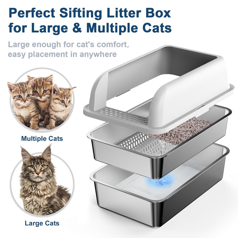 23.6''x16''x12'' Enclosed Stainless Steel Litter Box with Lid, XL Sifting