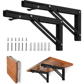 Folding Shelf Brackets - 10 Inch Heavy Duty Metal Collapsible Shelf Bracket for Bench Table, Shelf Hinge Wall Mounted Space Saving DIY Bracket, Max Load: 150 lb (2 PCS, Black)