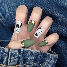 i-Laesh Press on Nails - Coffin Nails Handmade Hand-Painted - Large Reusable Easy Application - 15 Piece Set - Garden