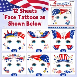 Partywind 4th of July Accessories Face Tattoos for Kids, Patriotic Temporary Tattoo Stickers for Fourth of July Decorations, Special Independence Memorial Day Party Supplies Favors (12 Sheets)