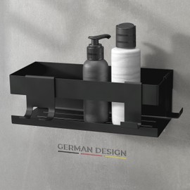 husman® Shower Shelf No Drilling | Stainless Steel Matt Black | with Drain Grooves & 3 Hooks | Glue Instead of Drilling | Shower Basket Wall Shelf Shower Shelf Bathroom Shelf Decorative Bathroom