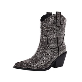 vivianly Rhinestone Black Cowboy Boots for Women Western Ankle Glitter Boots Cowgirl Boots, Women's Mid Calf Sparkling Diamond Boots Pointed Toe Chunky Heel Boots Size 12 Black