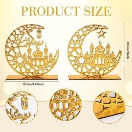 2 Pieces Wood Ramadan Decorations Islamic Eid Mubarak Kareem Table Sign Moon Hollow Star Ornament for Muslim Party Tabletop Decor Home Art Craft Decoration Golden Moon