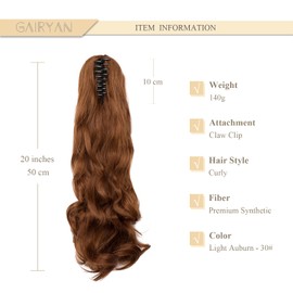 Gairyan 50 cm Ponytail Hairpiece Braid Extensions Long Curly Claw Clip-In Ponytail Extensions Synthetic Hair Extensions Wavy Hairpiece Hair Extension for Women (Light Auburn)