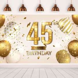 Happy 45th Birthday Backdrop Banner White and Gold 45 Years Old Background 45th Happy Birthday Decorations Party Supplies for Men Women