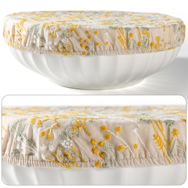 Slyitokbhr Reusable Bowl Covers for Bread Proofing Baking Embroidered Dandelion Linen Cotton Cloth Fabric Washable with Elastic Cover for Food Fruit Salad Eco-friendly (Beige Dandelion)