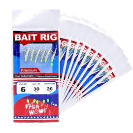 Fish WOW! 10pks Fishing Piscatore Bait Rigs Size 6 Bait Lure with Gold Fishing Hooks with Fish Skin, Mylar Tassel,Glow Green Head and Glow Beans #6