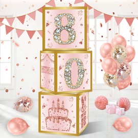 80th Birthday Decorations Boxes for Women - 3PCS Pink Rose Gold Happy 80th Birthday Balloons Boxes ,Eighty Year Old Birthday Theme Cardboard Box Decor