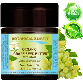 Botanical Beauty ORGANIC GRAPE SEED OIL BUTTER RAW. 100% Natural/VIRGIN/UNREFINED. For Skin, Hair, Lip and Nail Care. 4 Fl. oz. - 120 ml.
