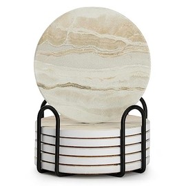 Juego de 6 Portavasos para Mesa Absorbentes, Posavasos de Marmol Antideslizantes de Cermica para Bebidas, con Soporte de Metal Negro, Coasters para...
