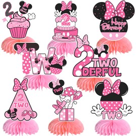 TONIFUL 2nd Birthday Pink Mouse Themed Table Honeycomb Centerpieces, Cartoon Mouse Table Topper Decor, Letter TWO for Girl Second Years Old Birthday Party Supplies Party Decorations (8 Pcs)