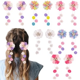 Jelyne 12PCS Flower Hair Bows for Girls - Grosgrain Ribbon Accessories With Alligator Clips and Little Dangling Tassels of Flowers Hair Barrettes(Pack of 12, 6 Pairs)