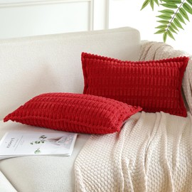 Artscope Red Cushion Covers Set of 2 Corduroy Decorative Square Striped Pillowcase with Stitched Edge Pillow Covers 40x60cm for Home Decor Sofa Bedroom Car