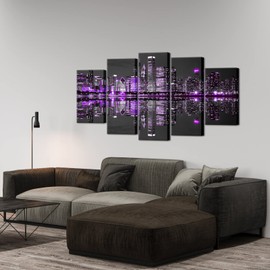 5 Piece Chicago Canvas Wall Art Modern Black and Purple City Night Skyline Picture Painting Cityscape Artwork Framed for Home Office Living Room Decor Ready to Hang (Purple, Large)