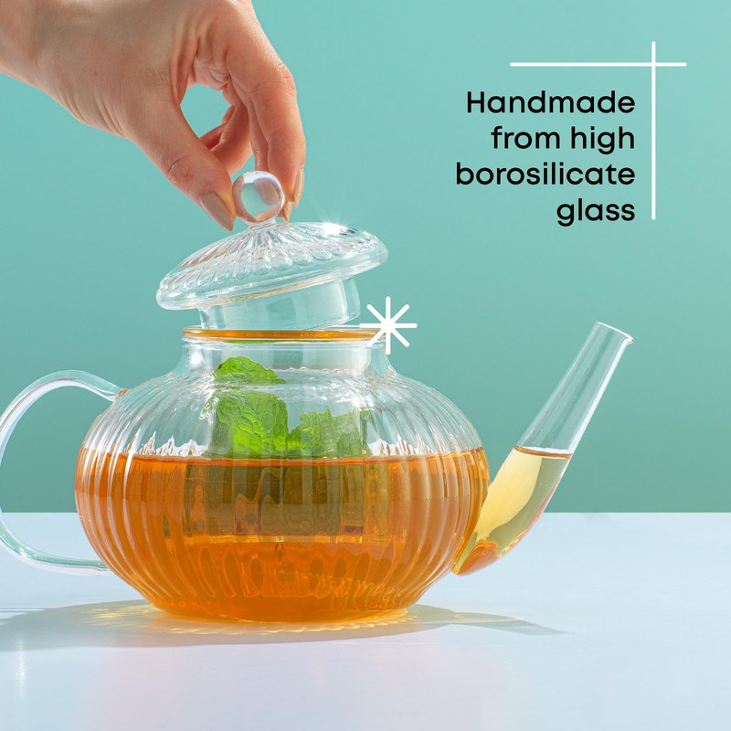 JoyJolt Fluted Glass Teapot Set 33.8oz w/Double Wall Glasses 13.5oz,