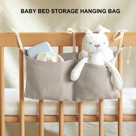 Baby Bed Storage Hanging Bag, 2 Pockets Adjustable Strap Infant Bedside Storage Bag for Toy (Beige)