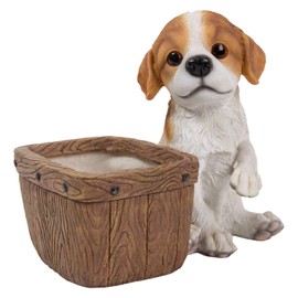 ウービア 花鉢に寄り添うキャバリア 23.5×13.8×19.3㎝ 人形 フィギュア 置き物 アニマル 動物 ガーデン 装飾 リアル かわいい 犬 イヌ H07152