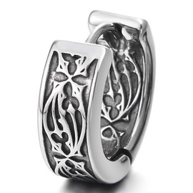 Men’s Steel Hoop Earrings with Gothic Cross and Vine Cutout Design Vintage Huggie Punk Jewelry