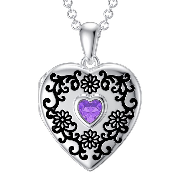 SOULMEET Sterling Silver Sunflower Birthstone February Simulated Amethyst Locket Necklace