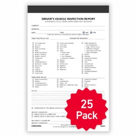 25 Pack Detailed Driver Vehicle Inspection Report Book - 2-Ply Carbonless, 5.5" x 8.5", 35 Sets of Forms Per DVIR Book, Pre-Trip Checklist Log for Truck Drivers, FMCSR Compliant with Easy Tear-Out