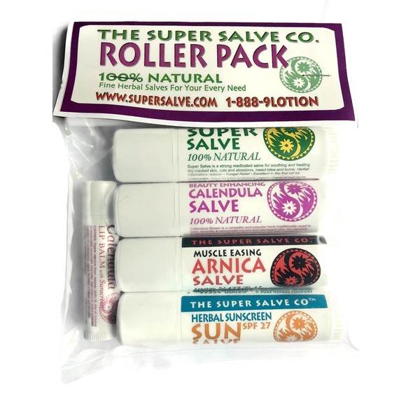 Super Salve Co. 100% Natural Herbal Travel Salves and Lip Salve Balm- Super Salve, Calendula Salve, Arnica Salve, Sun Salve (Salve Tubes (5 Pack)