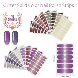 JERCLITY 224 Pieces 16 Sheets Glitter Solid Color Nail Polish Strips Nail Strips Nail Wraps with Nail File Self-Adhesive Nail Stickers Full Nail Wraps for Women Girls Nail Art