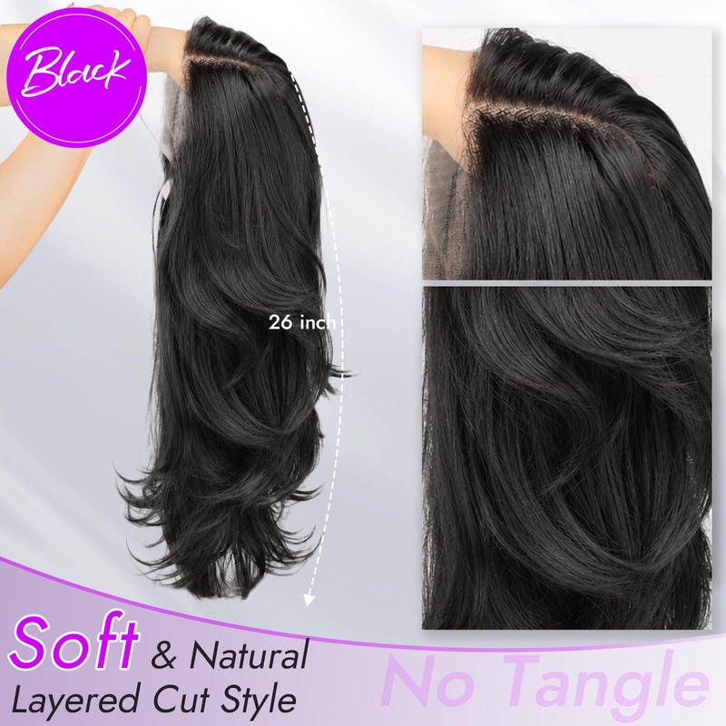Eawwii Black 13×4 Lace Front Glueless Wigs for Women， Synthetic