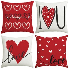 Valentines Day Decorations-Valentine Pillow Covers 18x18 Set of 4, Red Hearts I Love You Happy Valentine's Day Throw Outdoor Pillow Covers Anniversary Wedding Cushion Case for Home Sofa Couch Decor