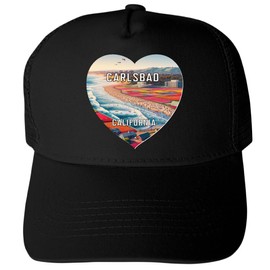 R and R Imports Carlsbad California Souvenir Black Unisex Mesh Back Trucker Hat with Adjustable Snapback Single - Heart Design