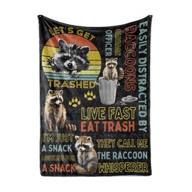Raccoon Gifts for Men and Women, Funny Raccoon Blanket, Let's GET Trashed, Perfect for Birthday/Christmas, 50'' x 65'' Unique Raccoon Pattern Design Flannel Plush Blanket, Black