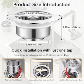 3 in 1 Kitchen Sink Drain Strainer and Stopper Combo,304 Stainless Steel Pop Up Kitchen Sink Stopper,Anti-Clog Kitchen Sink Bounce Core Strainer Basket Filter for Standard 3-1/2 Inch Drain