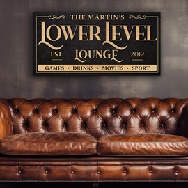 AWESOMETIK Lower Level Lounge Sign Canvas Wall Decor with Custom Family Name Vintage, Custom Where The Fun Begins Room, Entertainment Hall Living Room (Dark)