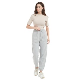 Tronjori Womens High Waisted Pull on Baggy Fleece Lined Sweatpants Fall Winter Athletic Jogger Lounge Trousers Cinch Bottom(L Short,Grey)