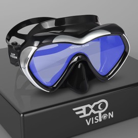 Scuba Diving Mask Anti-Fog Panoramic Snorkel Goggles, Adult Mirror Swim Mask Single Lens Swim Goggles wIith Nose Cover for Diving, Snorkeling, Swimming (Black-Blue Lens)