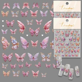 2 Sheets Butterfly Nail Art Stickers 5D Embossed Pink Butterfly Nail Decals Spring Summer Adhesive Sticker Manicure Accessories for Women Girl (1)