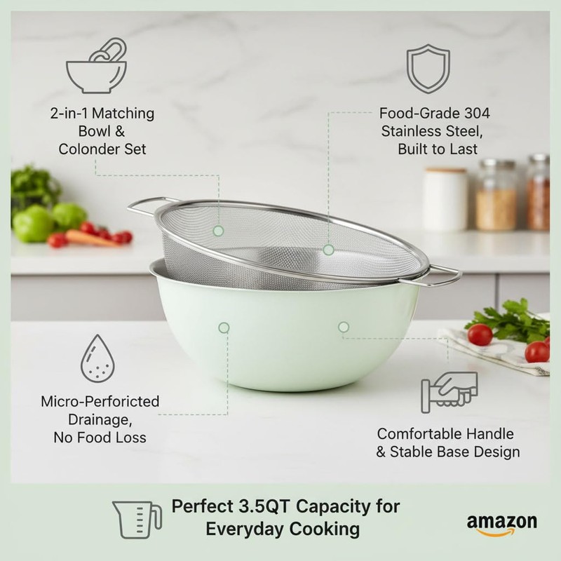 304 Stainless Steel Rice Washing Bowl and 40 Mesh Strainer