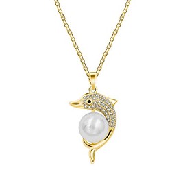 Uloveido Gold & Platinum Plated Cubic Zirconia Pave Dolphin Playing Pearl Ball Pendant Necklace Y1076-UK (Gold)