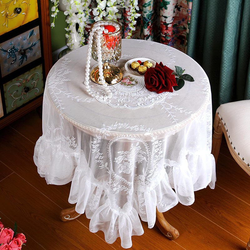Vintage White Lace Tablecloth with Flowers, Embroidered Ruffles Square Table