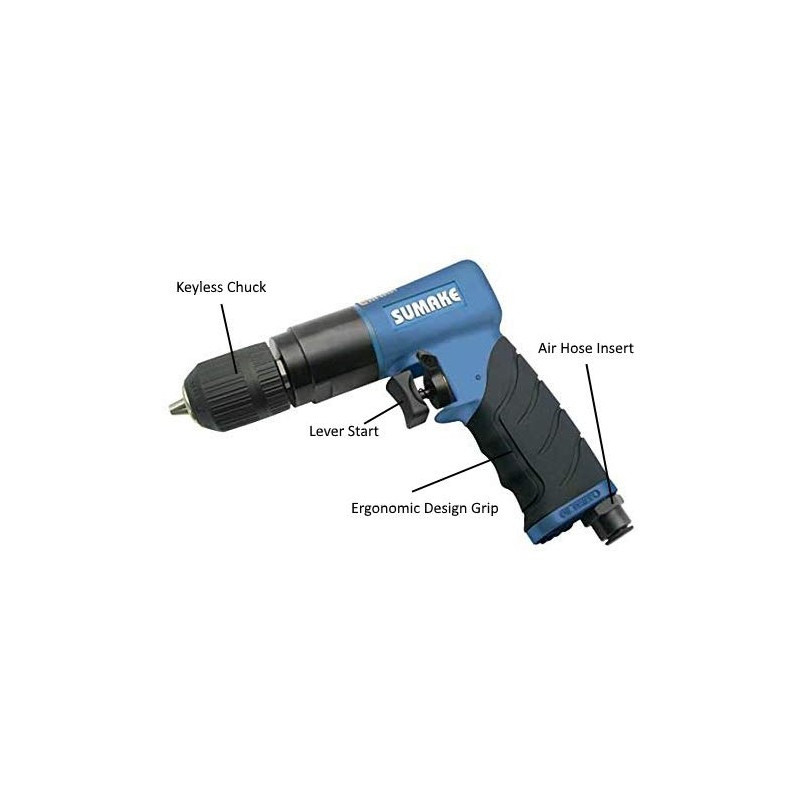 3/8" Air/Pneumatic Reversible Drill, Keyless Chuck, High Tool Power, Pistol
