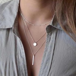 Caiguuer Boho Layered Necklace 3 Pieces Gold Silver Pendant Multilayer Necklace Intervertebral Disc Long Necklace for Women and Girls (Silver, One Size)