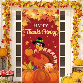 Happy Friendsgiving Door Cover Banner,36x72 Inch Thanksgiving Party Decorations with Pumpkin, Turkey Maple Leaf Designs, Front Door Fall Decor for Friends Giving Celebrations, Indoor/Outdoor Sign