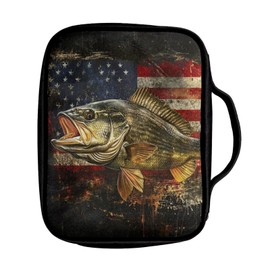 Pointodoor American Flag Bible Bag for Men Women Bass Fish Print Carrying Bible Case Church Bag with Zipper Pocket Bible Study Tote Book Cover