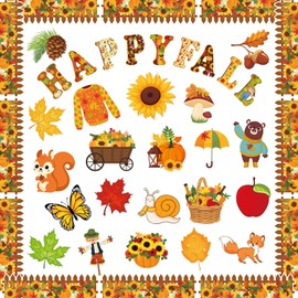 80 HAPPY FALL Maple Leaf Pumpkin Wall Chart Notice Board Decoration Set (No Stickers) for Classroom. Includes DS Sticky Squares for Easy Attachment, Ideal for Students and Teachers