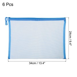 MECCANIXITY Mesh Zipper Bags, A4 Nylon Zip Pouch Pencil Case Storage Pockets for Travel Office Accessories, Sky Blue Pack of 6