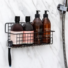 Kempt Duschablage Badregal Schwarz mit Haken Edelstahl Badezimmer Organizer Regal Ohne Bohren Rostfrei Metall Wandregal Klebe Stick On Regal Toilettenartikel Shampoo Halter In-Shower Storage