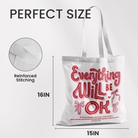 FISWAFY Coquette Pink Bow Christian Tote Bag, Hot Pink Preppy Bible Verse Everything Will Be Ok Aesthetic Canvas Tote Bag, Inspirational Christian Gifts for Women, Reusable Grocery Shopping Bags
